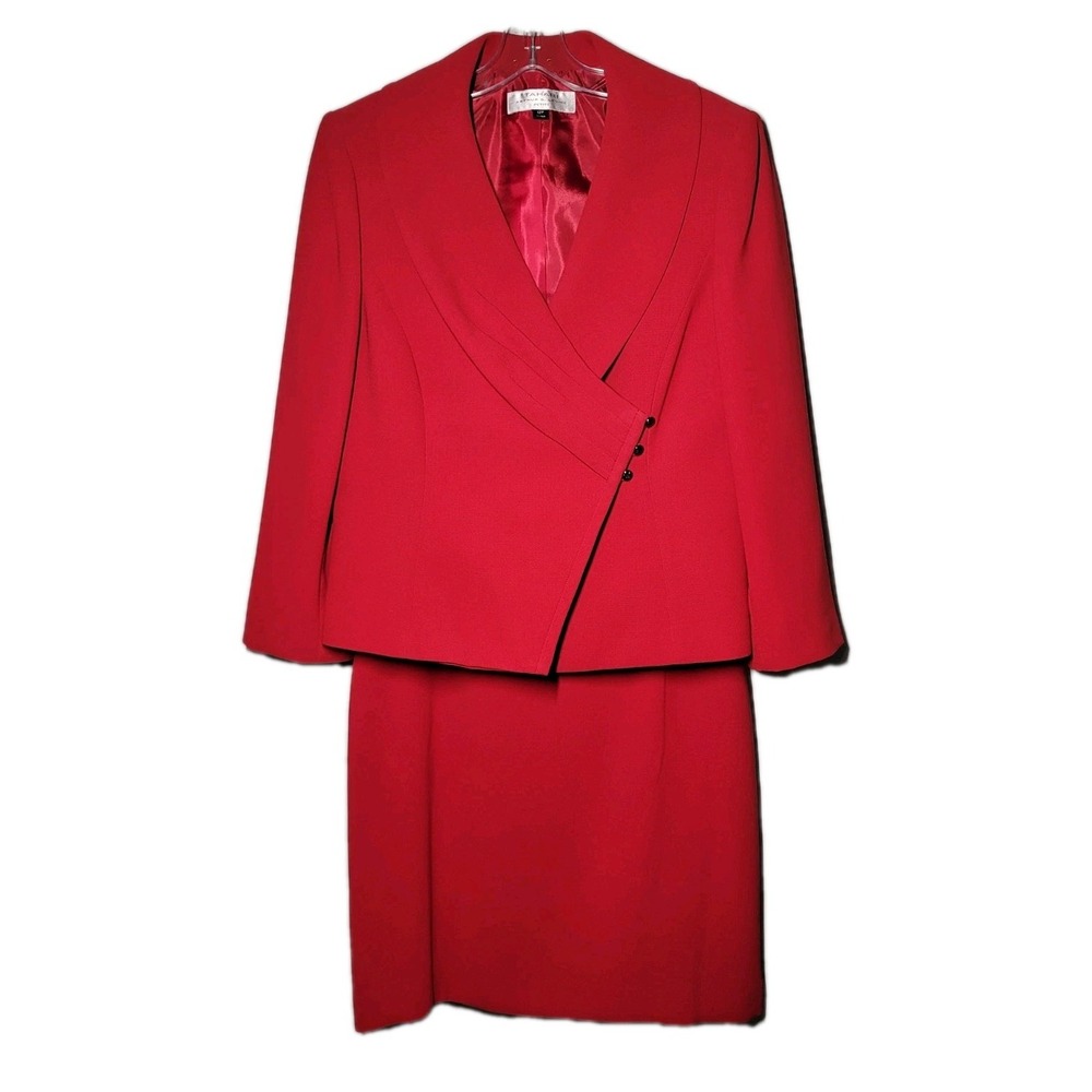 Tahari Pleated 12PFoldover Collar Asymmetrical Button Blazer PowerRed Skirt Suit